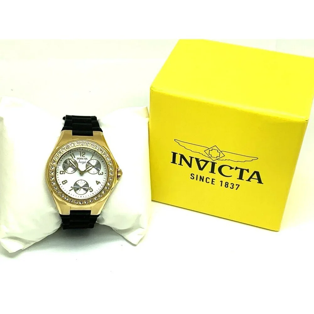 Invicta Women's Watch 1643 Angel Quartz White Dial Gold Black Rubber Strap 38mm